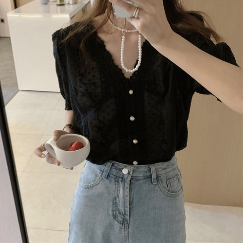 法式復古高級感洋氣氣質寬鬆百搭短袖V領蕾絲花邊雪紡襯衫上衣女