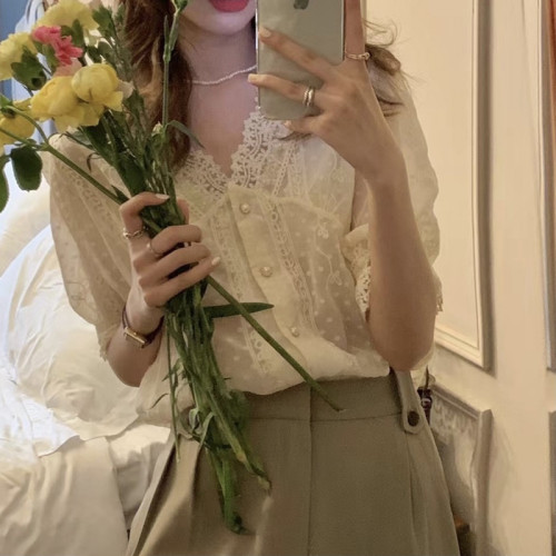 法式復古高級感洋氣氣質寬鬆百搭短袖V領蕾絲花邊雪紡襯衫上衣女