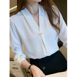 法式v領上衣職業正裝通勤抗皺襯衣春秋設計感長袖白色雪紡襯衫女