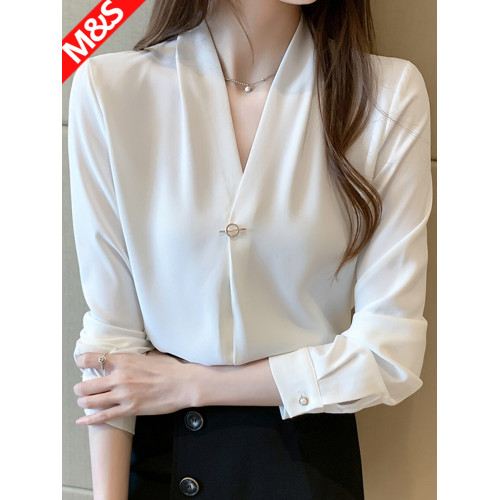 法式v領上衣職業正裝通勤抗皺襯衣春秋設計感長袖白色雪紡襯衫女