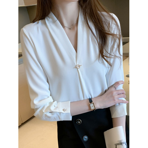 法式v領上衣職業正裝通勤抗皺襯衣春秋設計感長袖白色雪紡襯衫女