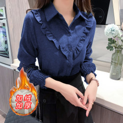繙領荷葉邊泡泡袖襯衫女秋冬季新款加絨加厚燈芯絨百搭打底衫上衣
