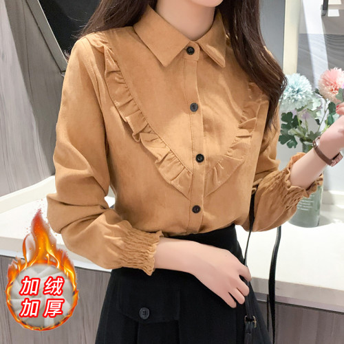 繙領荷葉邊泡泡袖襯衫女秋冬季新款加絨加厚燈芯絨百搭打底衫上衣