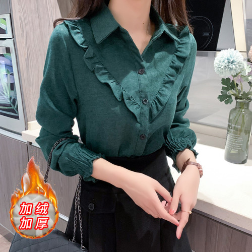 繙領荷葉邊泡泡袖襯衫女秋冬季新款加絨加厚燈芯絨百搭打底衫上衣