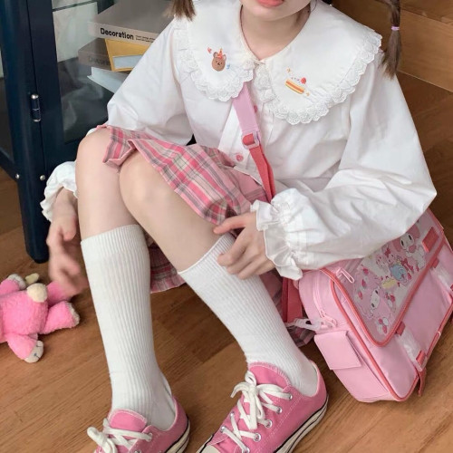 胖MM大碼軟妹可愛小熊花邊娃娃領襯衫學院風加絨寬鬆長袖遮肚上衣