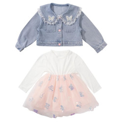 2025春秋款女.童裙套裝韓版女孩蝴蝶紗裙花邊牛仔衣兩件套洋氣潮