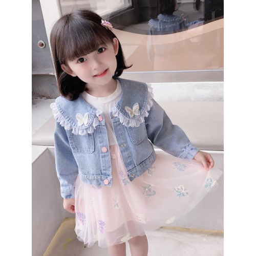2025春秋款女.童裙套裝韓版女孩蝴蝶紗裙花邊牛仔衣兩件套洋氣潮