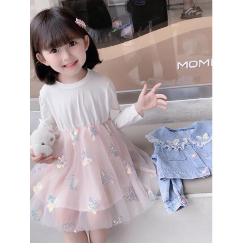 2025春秋款女.童裙套裝韓版女孩蝴蝶紗裙花邊牛仔衣兩件套洋氣潮