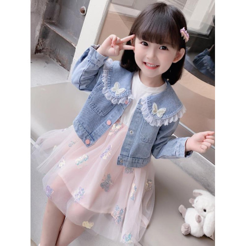2025春秋款女.童裙套裝韓版女孩蝴蝶紗裙花邊牛仔衣兩件套洋氣潮