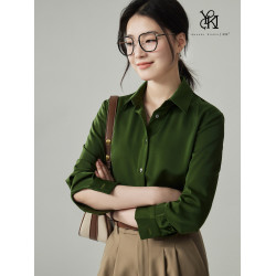 婭可家版型升級3.0 綠色緞面襯衫女春設計感小衆復古港味氣質襯衣