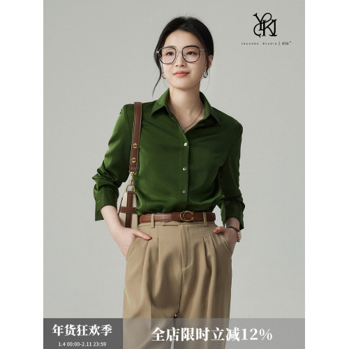 婭可家版型升級3.0 綠色緞面襯衫女春設計感小衆復古港味氣質襯衣