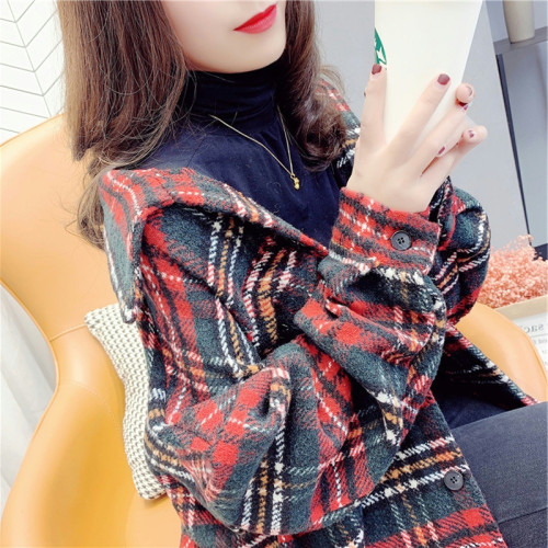 高級感毛呢格子襯衫女秋冬設計感小衆中長款上衣加厚磨毛襯衣外套