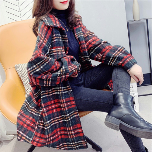 高級感毛呢格子襯衫女秋冬設計感小衆中長款上衣加厚磨毛襯衣外套