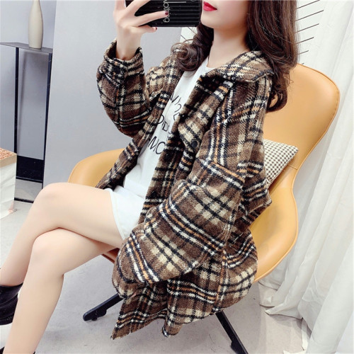 高級感毛呢格子襯衫女秋冬設計感小衆中長款上衣加厚磨毛襯衣外套