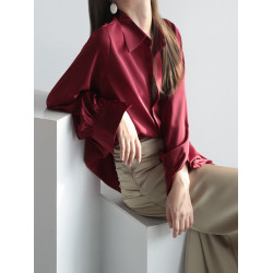 法式別致緞面襯衫上衣女春秋新款高級設計感小衆簡約氣質純色襯衣