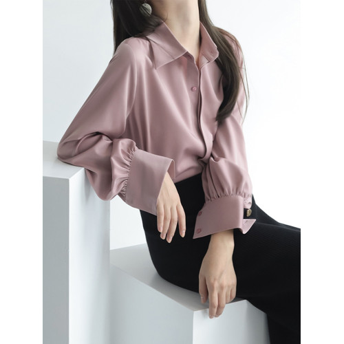 法式別致緞面襯衫上衣女春秋新款高級設計感小衆簡約氣質純色襯衣