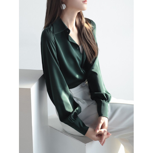法式別致緞面襯衫上衣女春秋新款高級設計感小衆簡約氣質純色襯衣