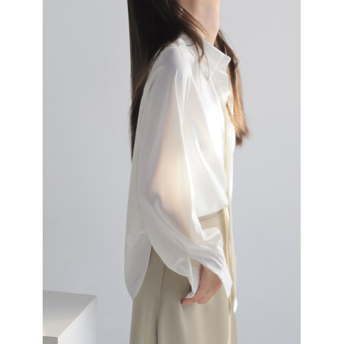 法式別致緞面襯衫上衣女春秋新款高級設計感小衆簡約氣質純色襯衣