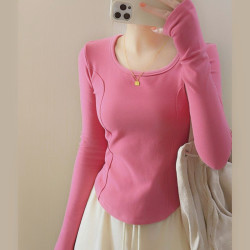 純棉粉色磨毛加厚正肩長袖t恤女春秋季不規則內搭短款上衣打底衫