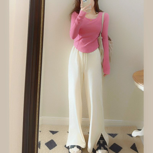 純棉粉色磨毛加厚正肩長袖t恤女春秋季不規則內搭短款上衣打底衫