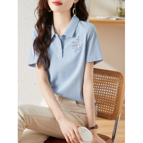 九月墨陌2025夏新款polo領短袖T恤女寬鬆顯瘦上衣設計感小衆體恤