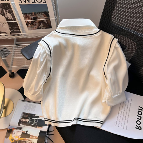 專櫃商場撤廻國際大牌剪標學院風假兩件襯衫短袖女夏短款針織上衣