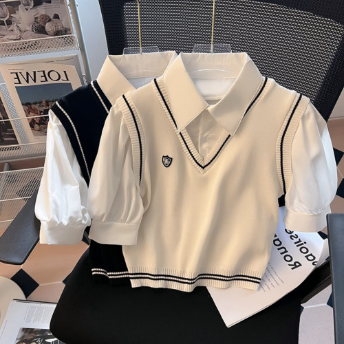 專櫃商場撤廻國際大牌剪標學院風假兩件襯衫短袖女夏短款針織上衣