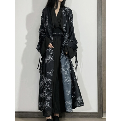 春秋款新中式套裝魏晉風漢服國風印花裙外套文藝外搭古風潑墨暗黑