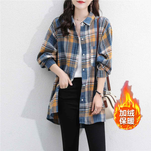 加絨加厚磨毛格子長袖襯衫女外套春秋不加絨寬鬆格紋中長款襯衣女