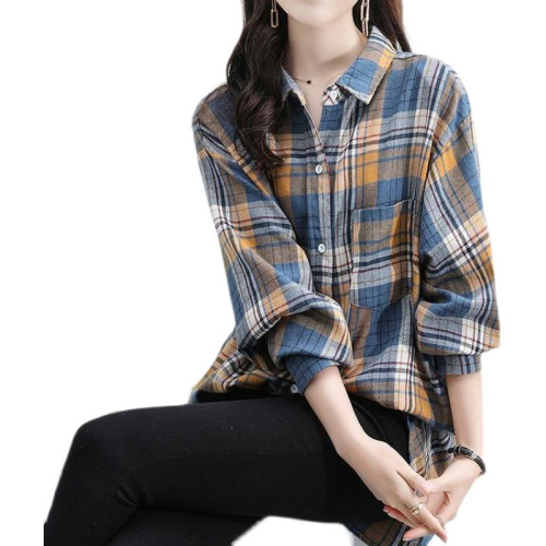 加絨加厚磨毛格子長袖襯衫女外套春秋不加絨寬鬆格紋中長款襯衣女