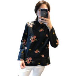 出口剪標中式復古風盤釦旗袍上衣女春季苧麻刺綉長袖襯衫