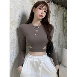 2023早春新款百搭修身顯瘦短款上衣露臍腰部鏤空長袖T恤打底衫女