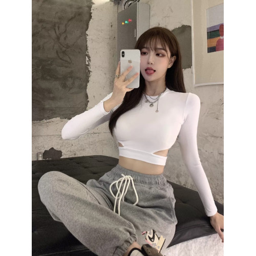 2023早春新款百搭修身顯瘦短款上衣露臍腰部鏤空長袖T恤打底衫女