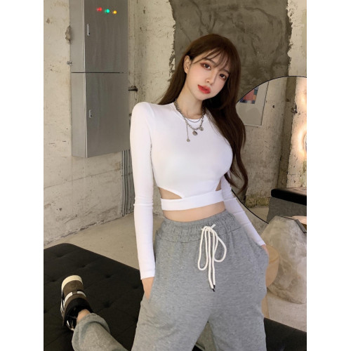 2023早春新款百搭修身顯瘦短款上衣露臍腰部鏤空長袖T恤打底衫女