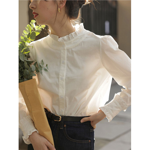 法式白色襯衫上衣女秋季設計感小衆木耳花邊立領高級打底內搭襯衣