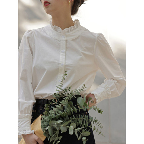法式白色襯衫上衣女秋季設計感小衆木耳花邊立領高級打底內搭襯衣
