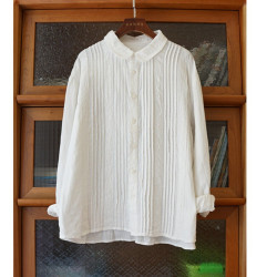 出口原單高級純棉長袖襯衫女雙層紗蕾絲邊壓褶春秋季百搭襯衣