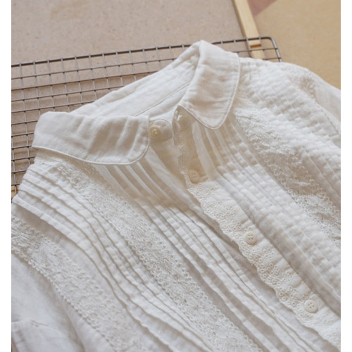 出口原單高級純棉長袖襯衫女雙層紗蕾絲邊壓褶春秋季百搭襯衣