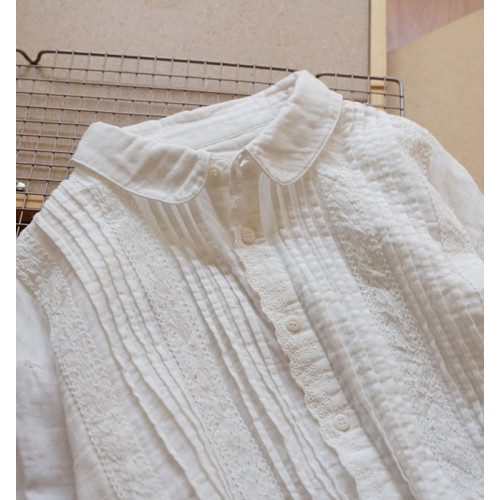 出口原單高級純棉長袖襯衫女雙層紗蕾絲邊壓褶春秋季百搭襯衣