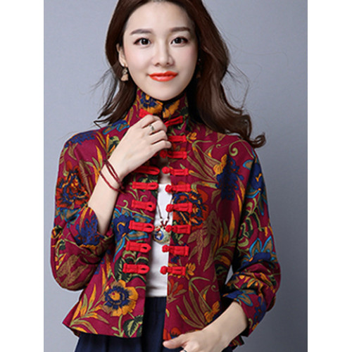 秋裝民族風棉麻印花茶服襯衣女復古盤釦小立領短款休閒短外套上衣