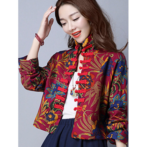 秋裝民族風棉麻印花茶服襯衣女復古盤釦小立領短款休閒短外套上衣