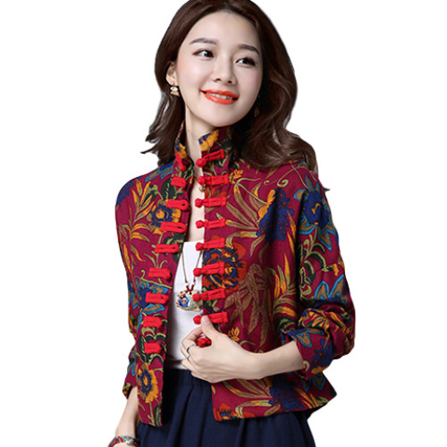 秋裝民族風棉麻印花茶服襯衣女復古盤釦小立領短款休閒短外套上衣