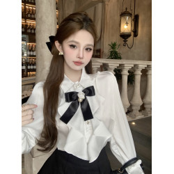 秋季法式輕奢宮廷風氣質甜美荷葉邊拼接蝴蝶結單排釦純色襯衫女