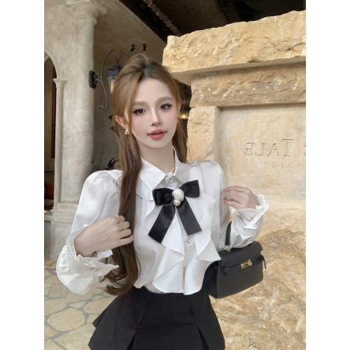 秋季法式輕奢宮廷風氣質甜美荷葉邊拼接蝴蝶結單排釦純色襯衫女