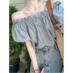 法式復古高級感洋氣氣質甜美短袖一字領露肩泡泡袖短款襯衫上衣女