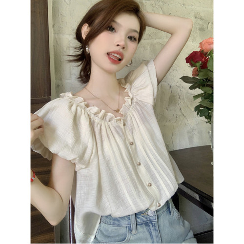 法式復古高級感洋氣氣質甜美短袖一字領露肩泡泡袖短款襯衫上衣女