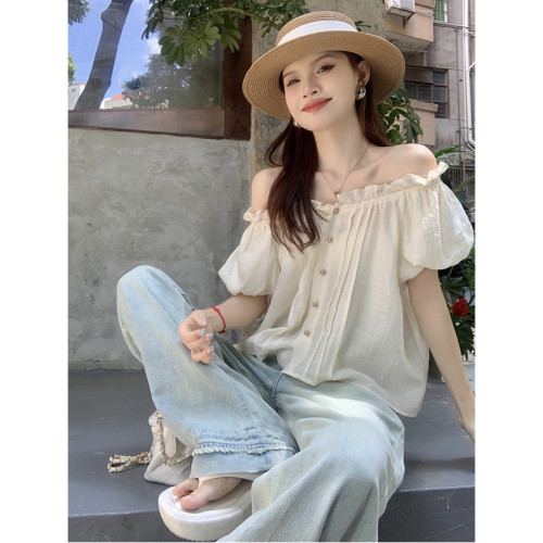 法式復古高級感洋氣氣質甜美短袖一字領露肩泡泡袖短款襯衫上衣女