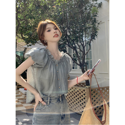 法式復古高級感洋氣氣質甜美短袖一字領露肩泡泡袖短款襯衫上衣女