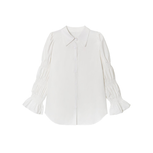 港風小衆設計感泡泡袖襯衫女2026春新款時尚寬鬆百搭長袖純色襯衣