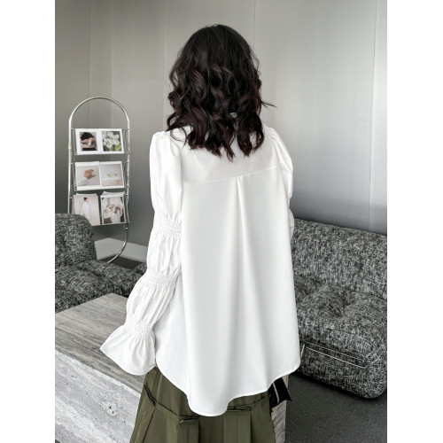 港風小衆設計感泡泡袖襯衫女2026春新款時尚寬鬆百搭長袖純色襯衣